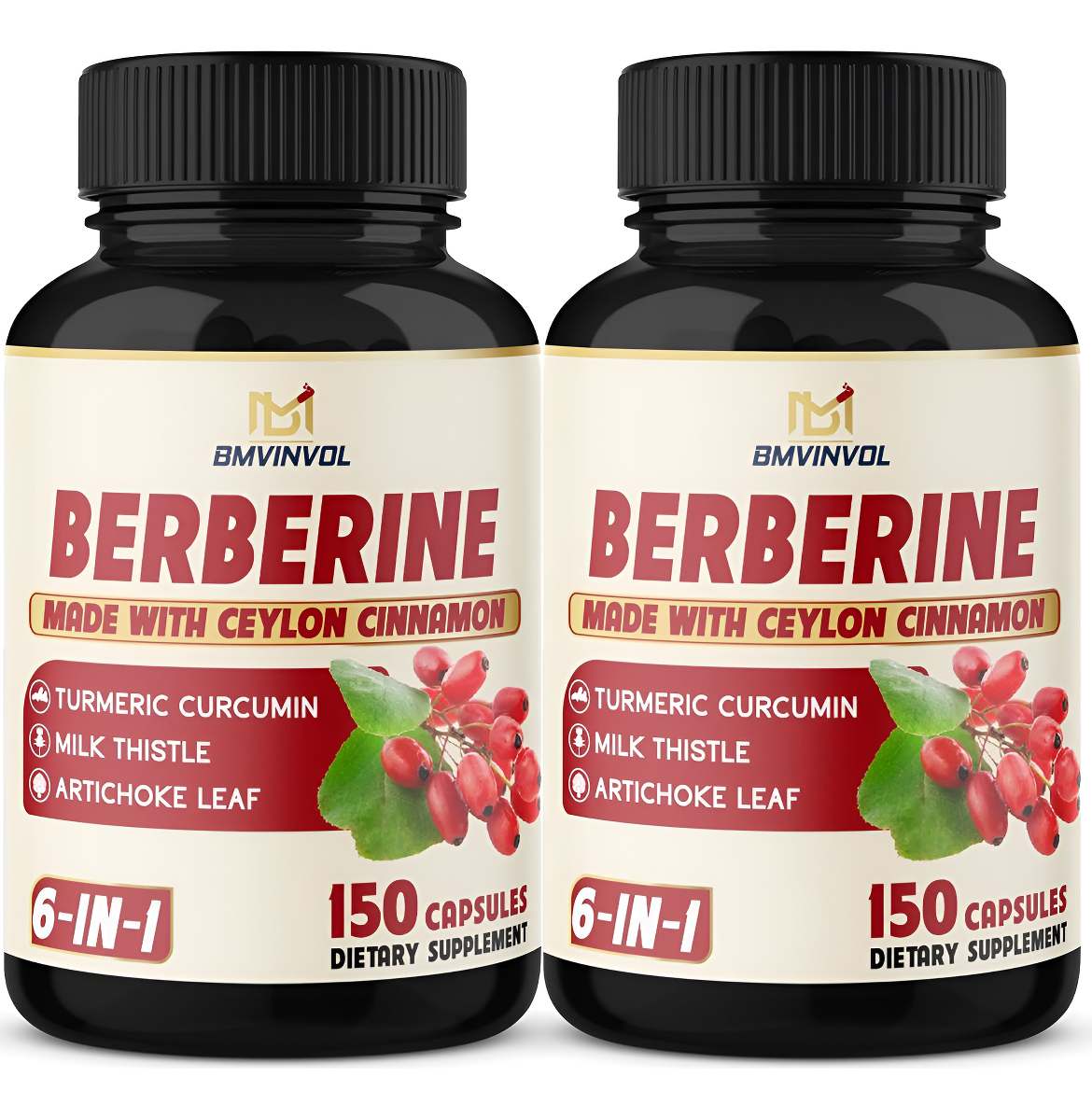 Bmvinvol Suplemento De Berberina 6 En 1, Con Canela De Ceilán, 150 Cápsulas, Paquete De 2