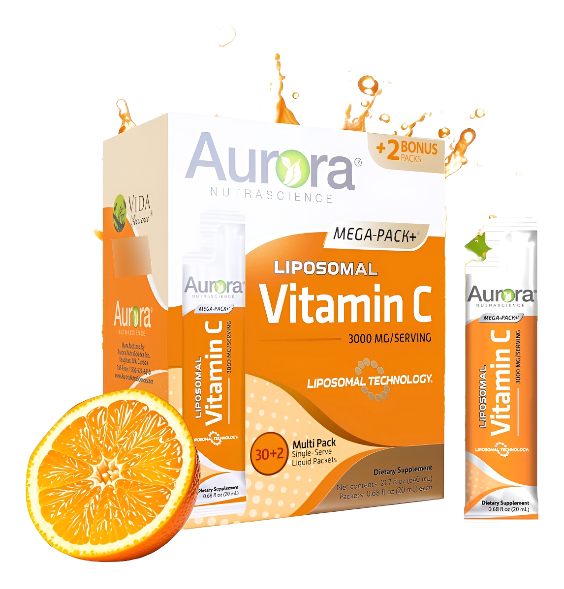 Aurora Nutrascience Mega-pack+ Vitamina C Liposomal, 3,000 Mg Por Porción, 32 Paquetes De Una Sola Porción