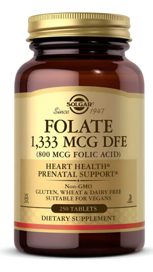 Solgar Folato 1,333 Mcg Equivalente De Folato Dietético (800 Mcg De Ácido Fólico), 250 Tabletas