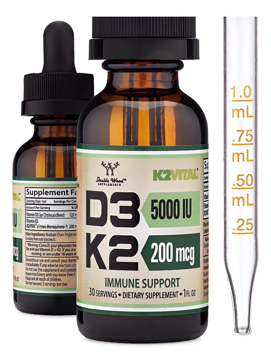 Double Wood - Gotas Líquidas De Vitamina D3 K2 K2 De 5,000 Ui (5,000 Ui De D3 Y 200 Mcg De 99.9% De K2 Mk-7