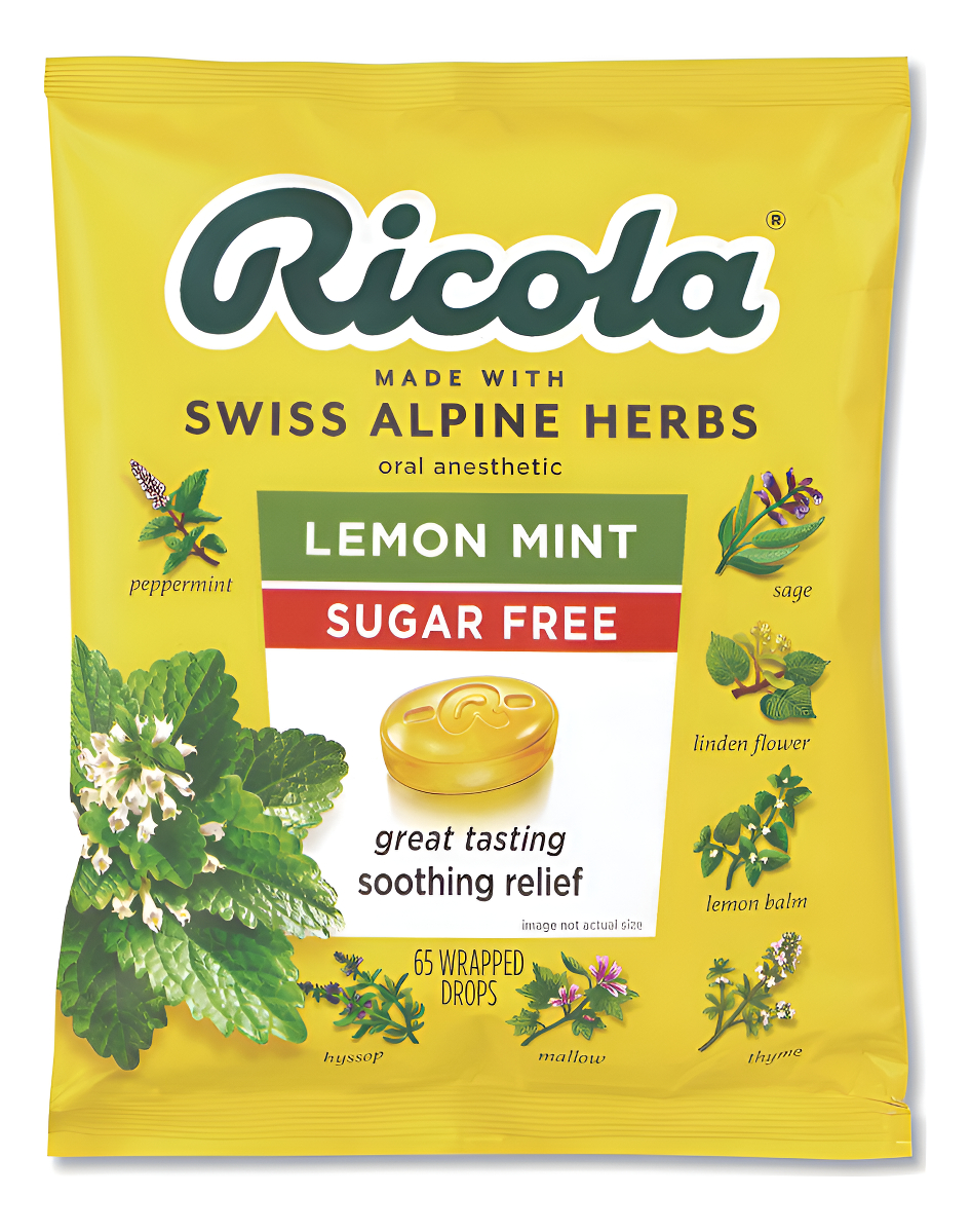 Ricola Gotas De Limón Y Menta Para Aliviar La Garganta, Libre De Azúcar, 65 Unidades