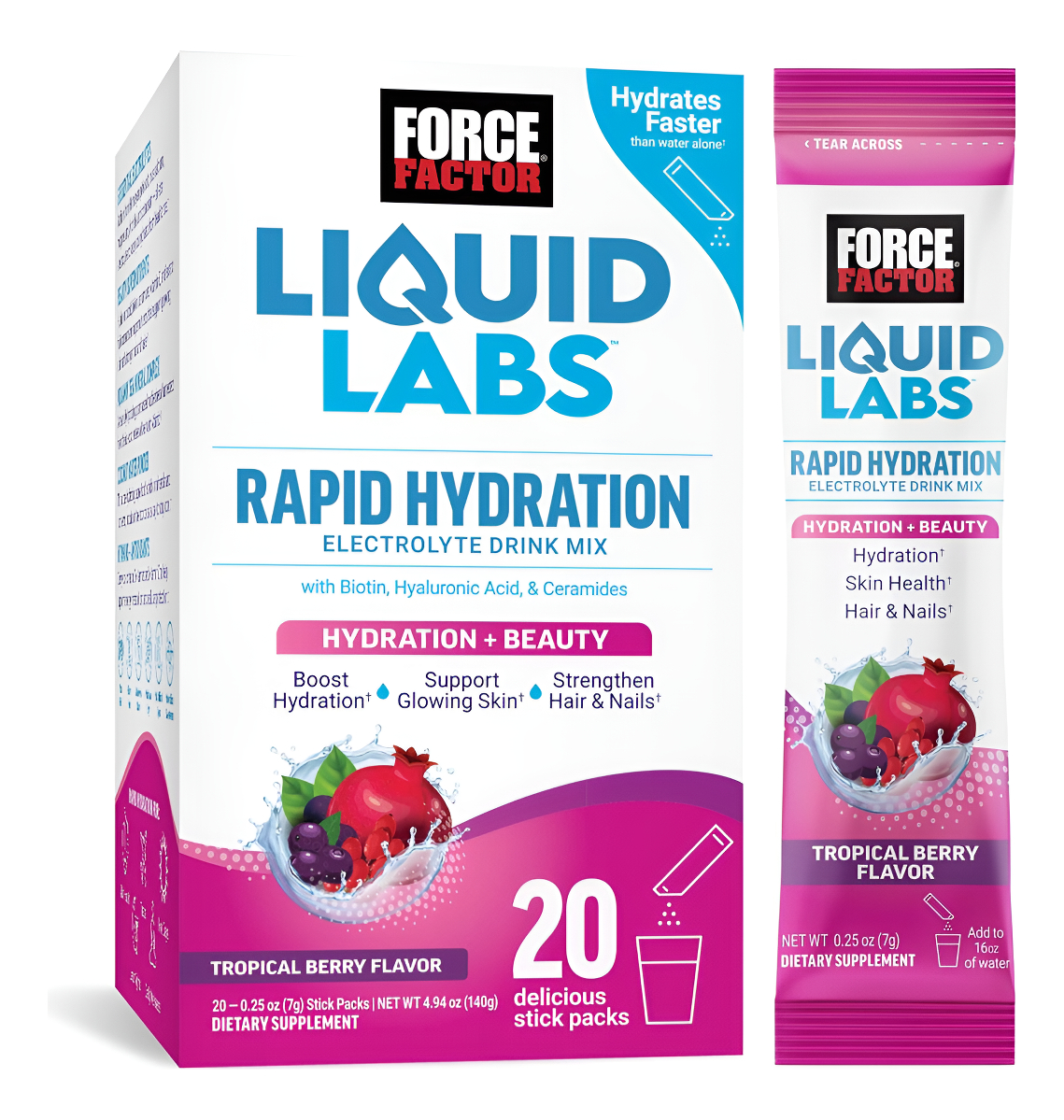 Force Factor Liquid Labs Beauty, Paquete De Hidratación Para Cabello, Piel Y Uñas Más Fuertes. Electrolitos En Polvo Co