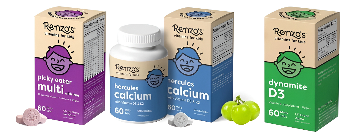 Renzo's Paquete De Vitaminas Para Niños - Calcio Hércules, Comilón Quisquilloso Con Hierro, Dinamita D3, 60 Tabletas C/u