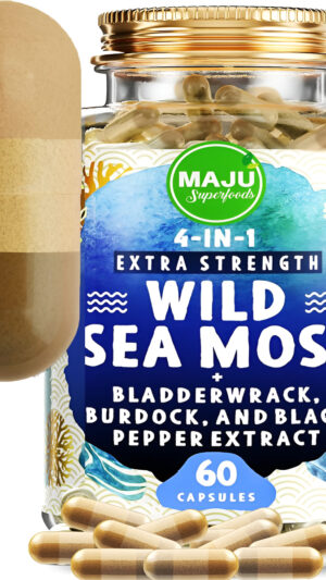 Maju - Cápsulas De Musgo Marino Orgánico 4 En 1, Chondrus Crispus Salvaje, Masa Marina Con Vejiga + Raíz De Bardana, Má