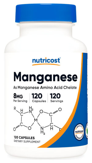 Nutricost Suplemento De Manganeso Quelado De 8 Mg, Quelato De Aminoácidos, 120 Cápsulas, 120 Porciones, Sin Gluten