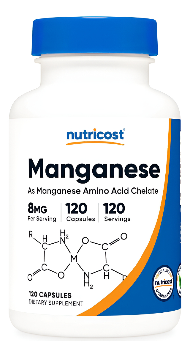 Nutricost Suplemento De Manganeso Quelado De 8 Mg, Quelato De Aminoácidos, 120 Cápsulas, 120 Porciones, Sin Gluten