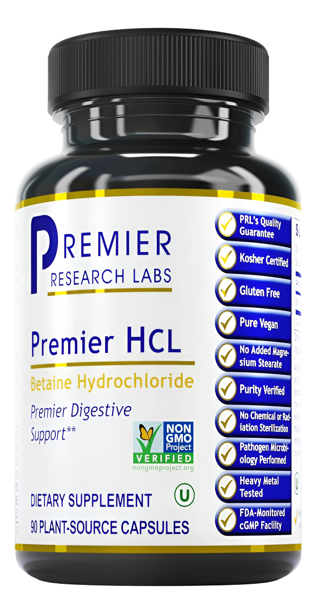 Premier Research Labs Hcl - Suplemento De Ácido Clorhidrato De Betaína - Apoya La Digestión - Vegano, Sin Gluten, Koshe