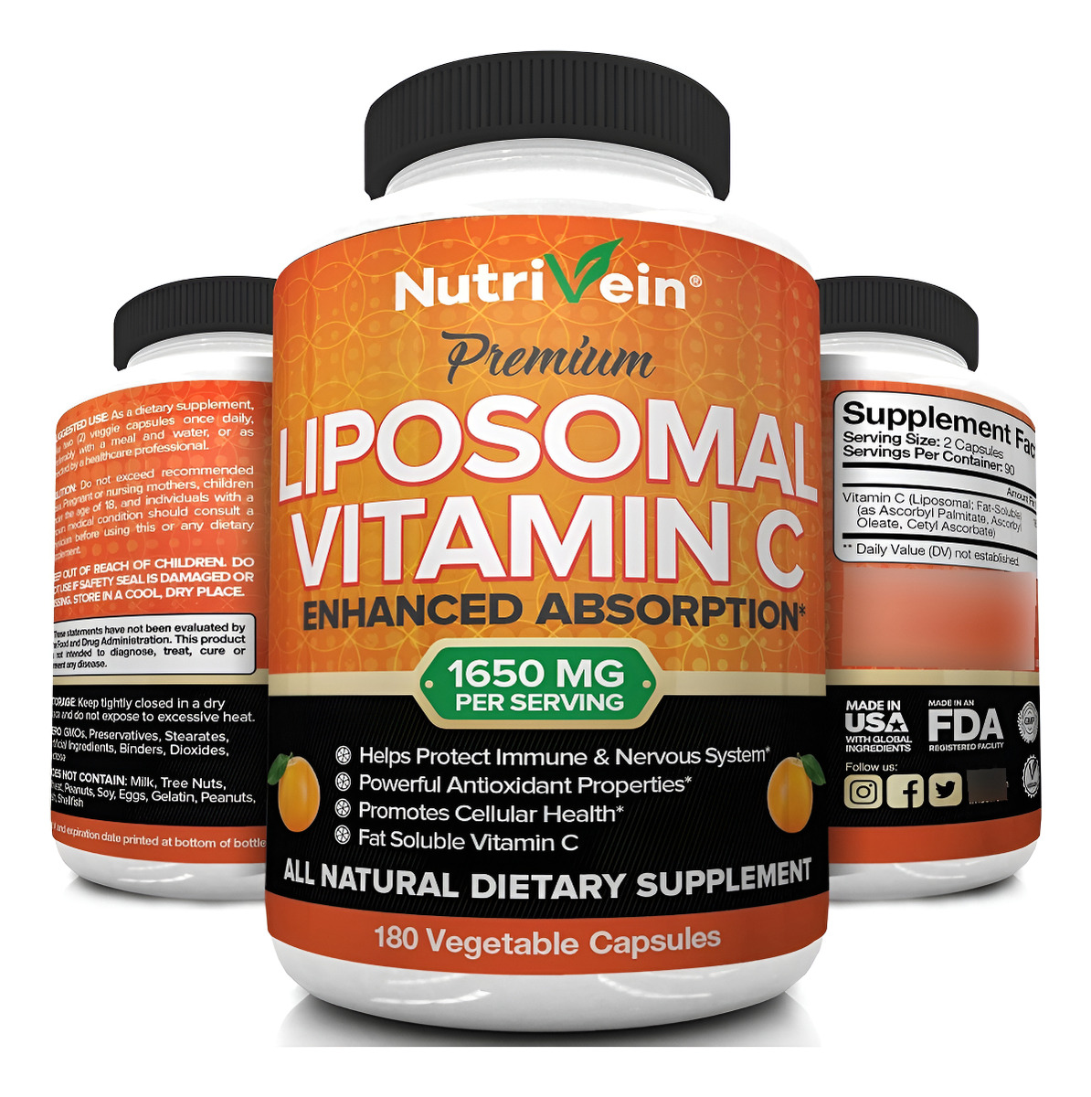 Nutrivein Liposomal Vitamina C 1600mg - 180 Cápsulas - Ácido