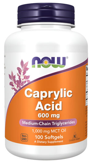 Now Suplementos, Ácido Caprílico 600 Mg, Mct (triglicéridos De Cadena Media), 100 Cápsulas Blandas