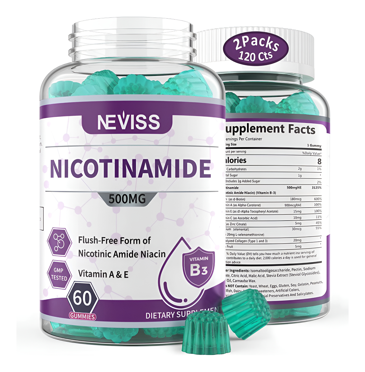 Neviss 60 Gomitas De Nicotinamida Sin Azúcar De 500 Mg (niacina Libre De Rubor) Vitamina B3