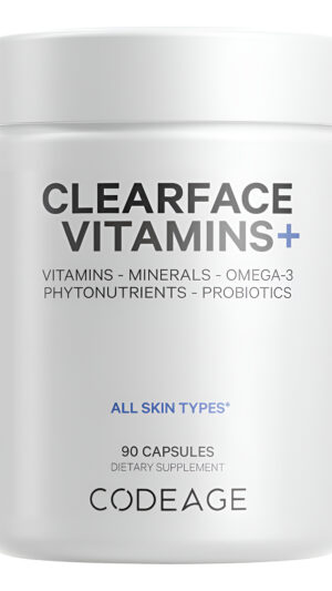 Codeage Clearface - Ácido Pantoténico, Suplemento De Niacina, Vitaminas A, C, D3, E, Probióticos, Zinc, Riboflavina, Ti
