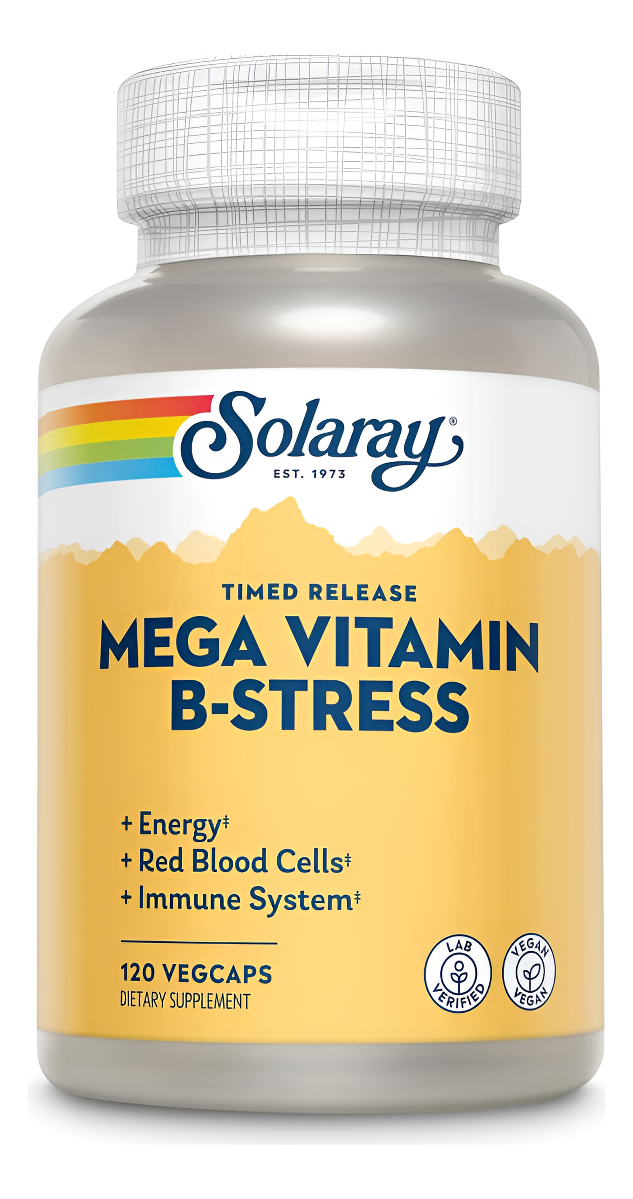 Solaray Mega B Stress - Suplemento De Liberación Prolongada De Dos Etapas, 120 Cápsulas Veganas